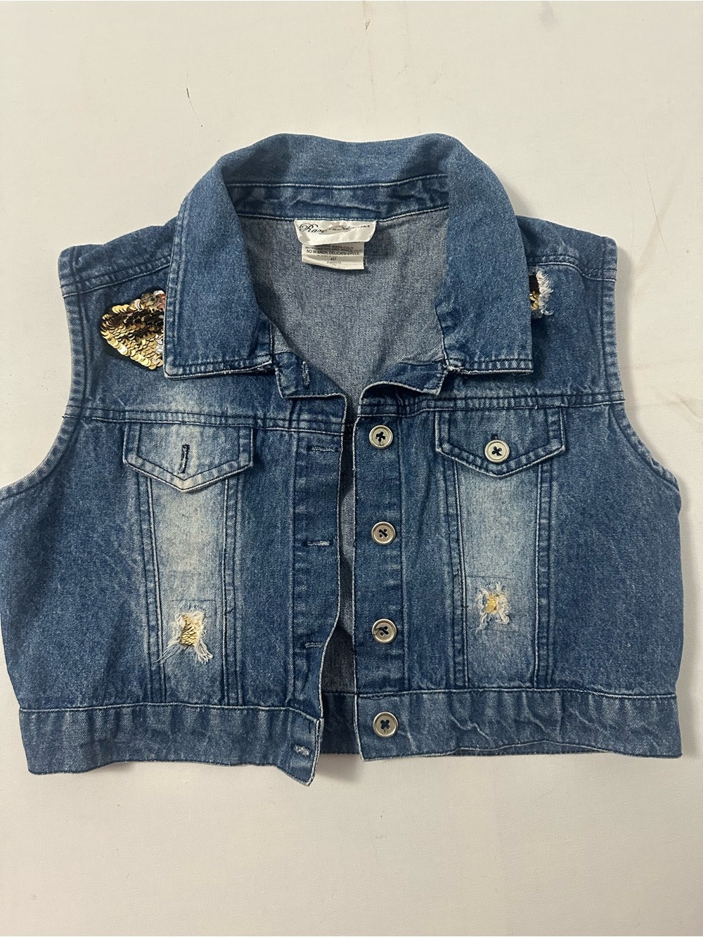 Rare Editions Blue Denim Girls' Sequin Heart Crop Vest